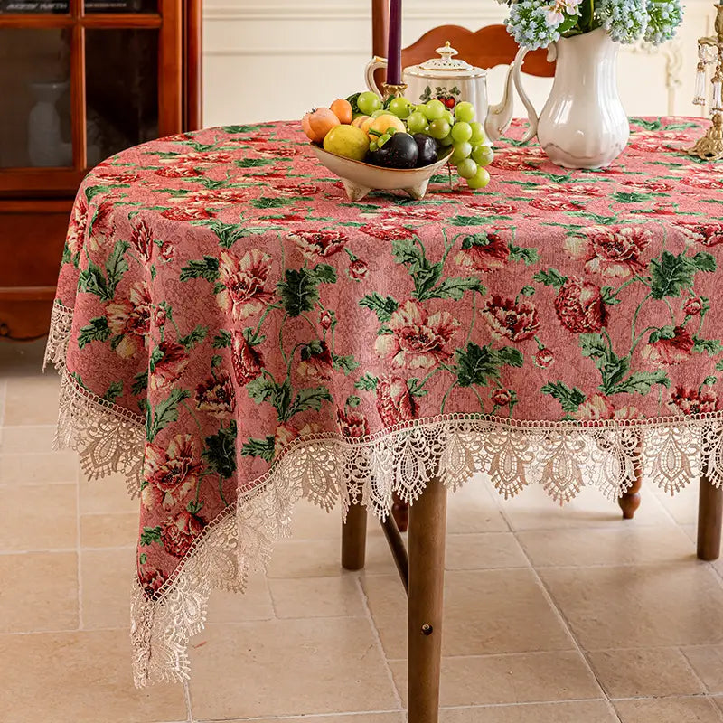 Vintage Lace-Hem Bloom Pink Tablecloth