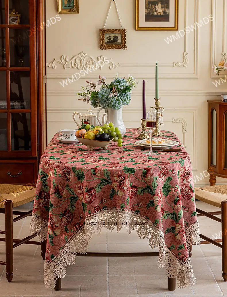 Vintage Lace-Hem Bloom Pink Tablecloth