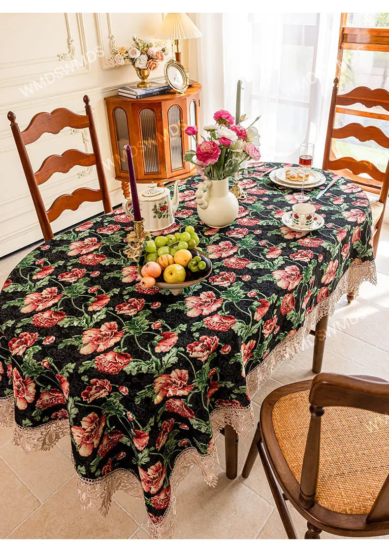 Vintage Lace-Hem Bloom Pink Tablecloth