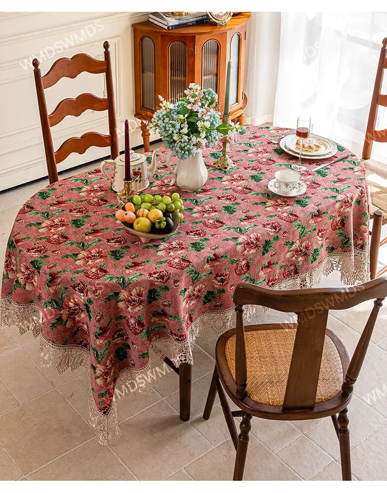 Vintage Lace-Hem Bloom Pink Tablecloth