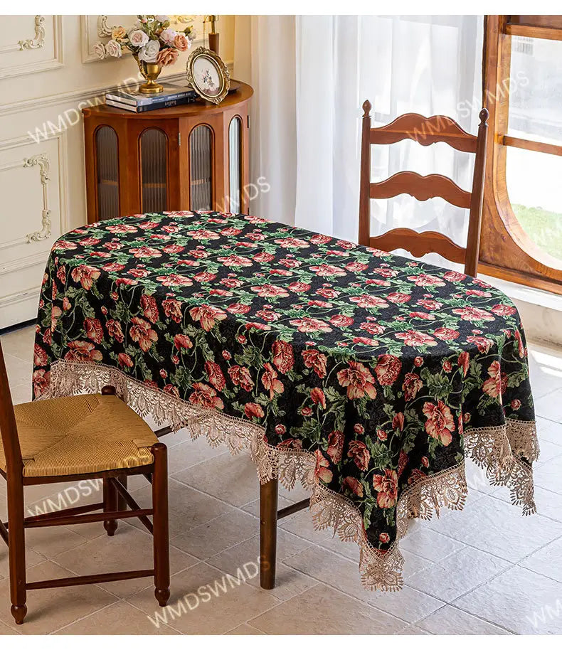 Vintage Lace-Hem Bloom Pink Tablecloth