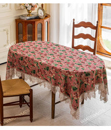 Vintage Lace-Hem Bloom Pink Tablecloth